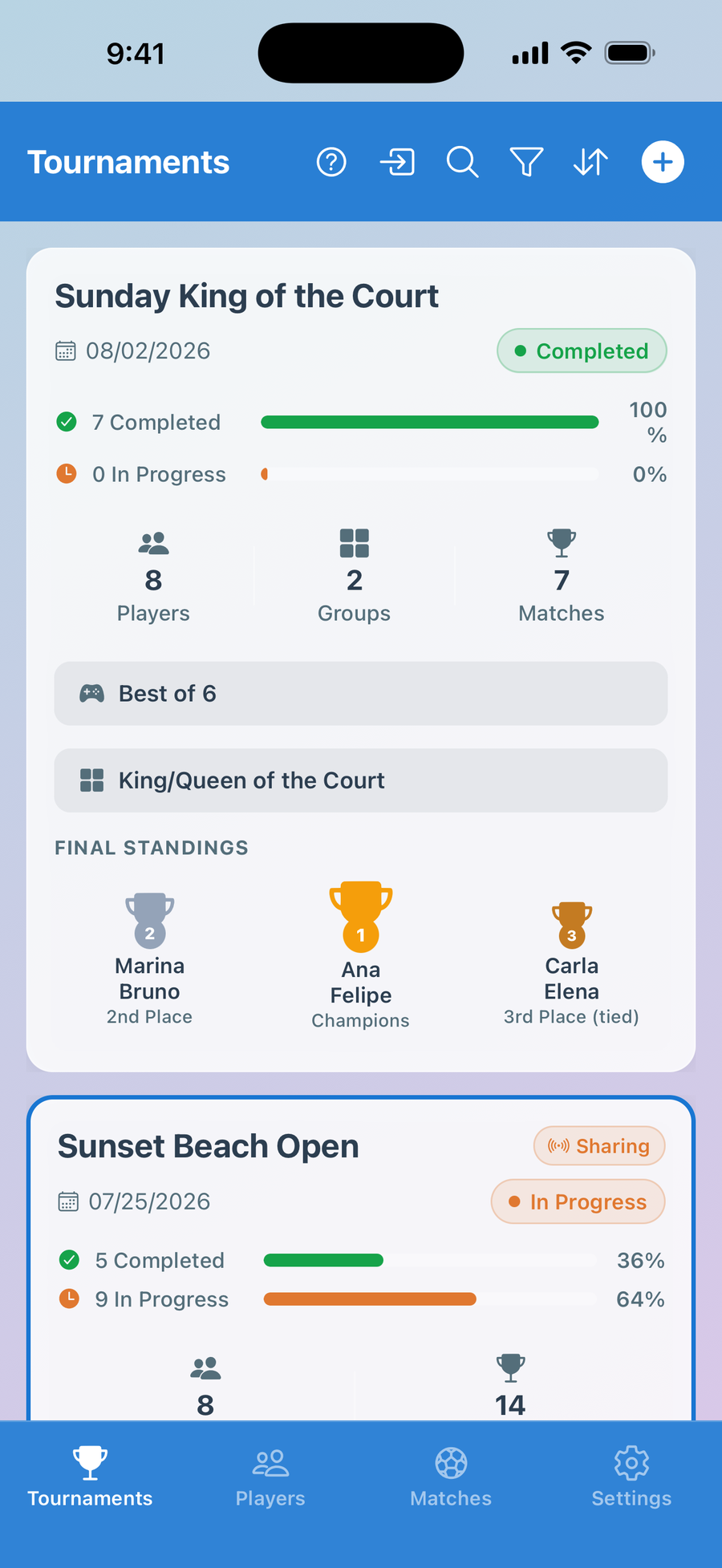 Super 8 tournament list showing a King/Queen of the Court event and a Super event