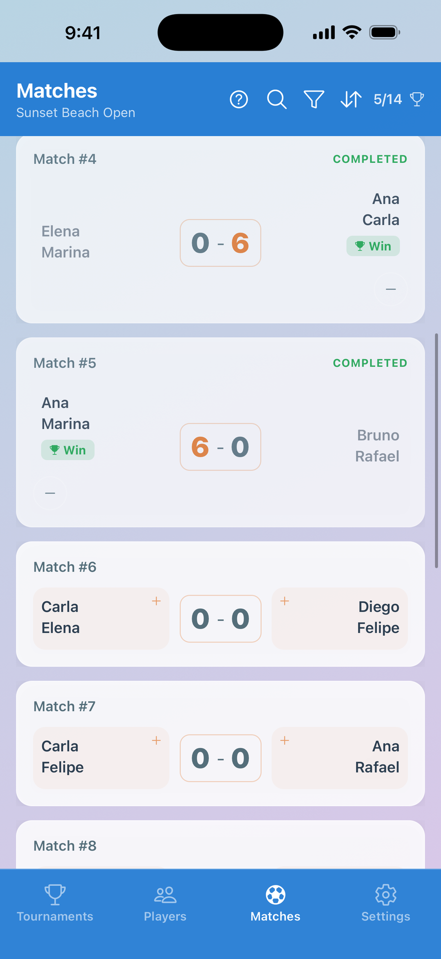 Match list where tapping a team scores a game